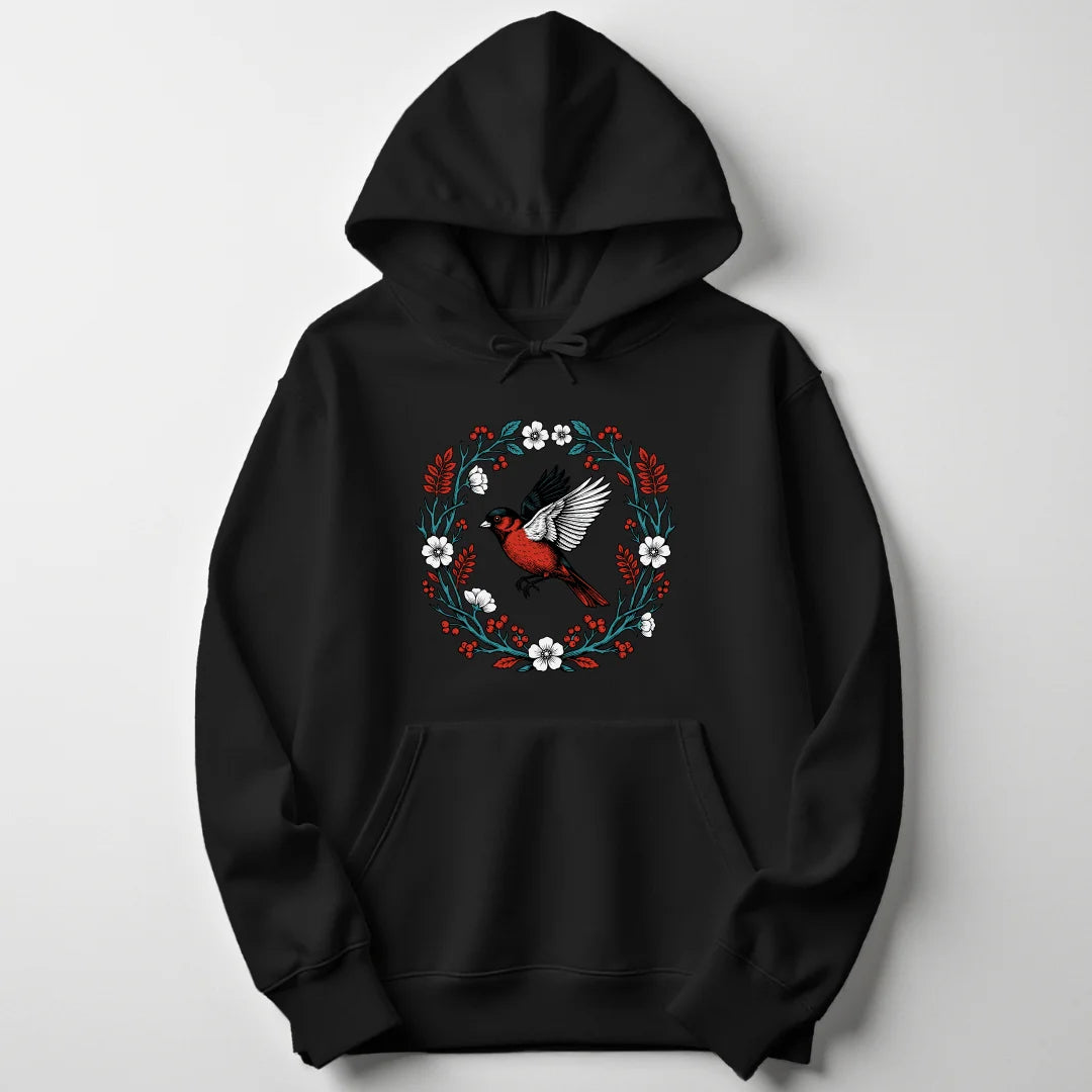Floral Red Bird - Black
