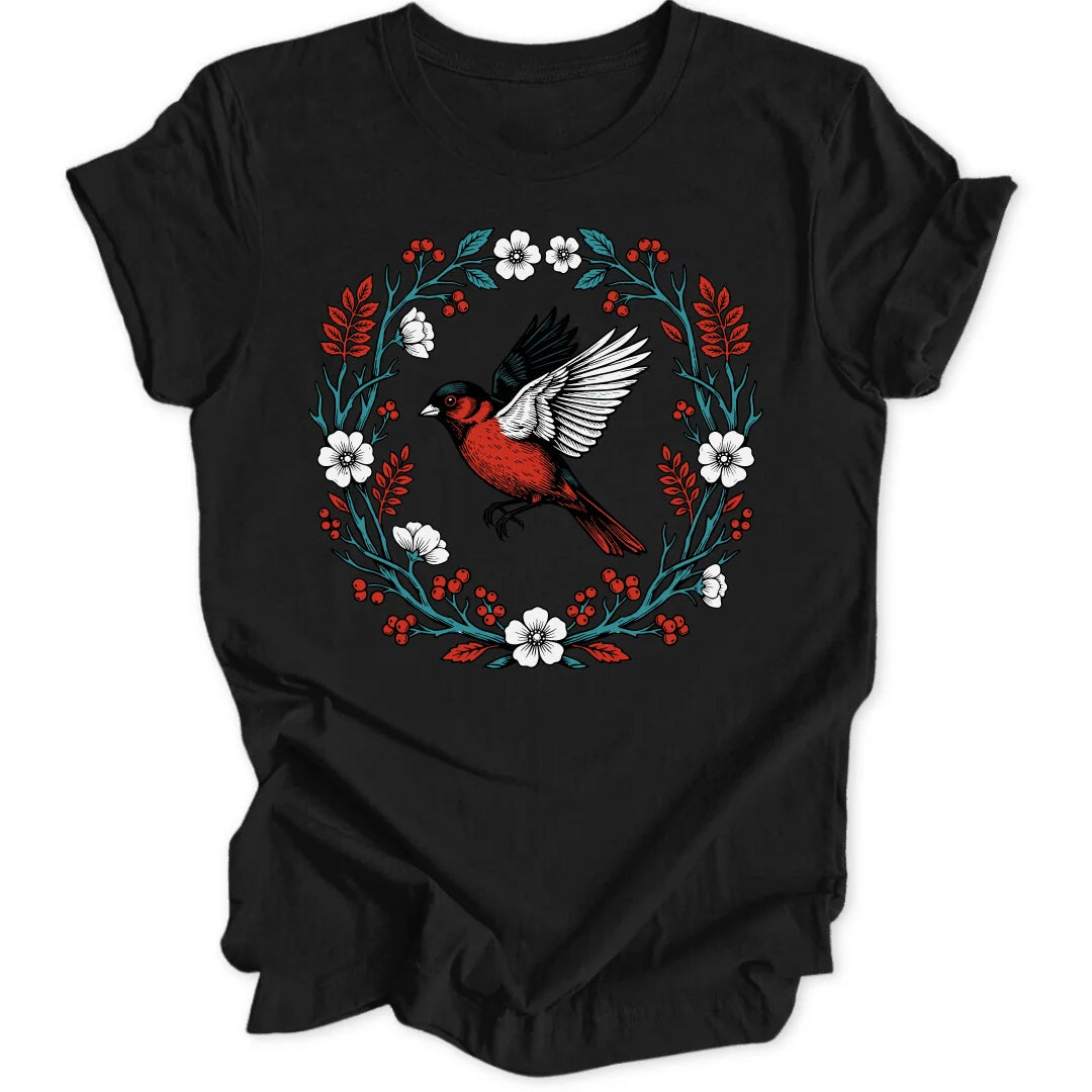 Floral Red Bird - Black