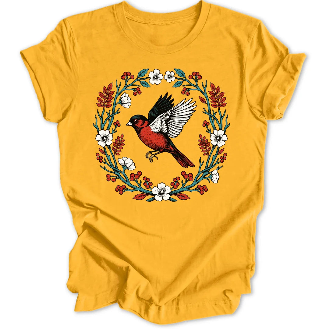 Floral Red Bird - Gold