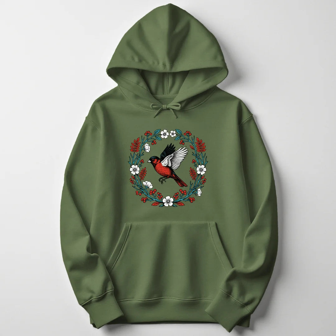 Floral Red Bird - Military Green