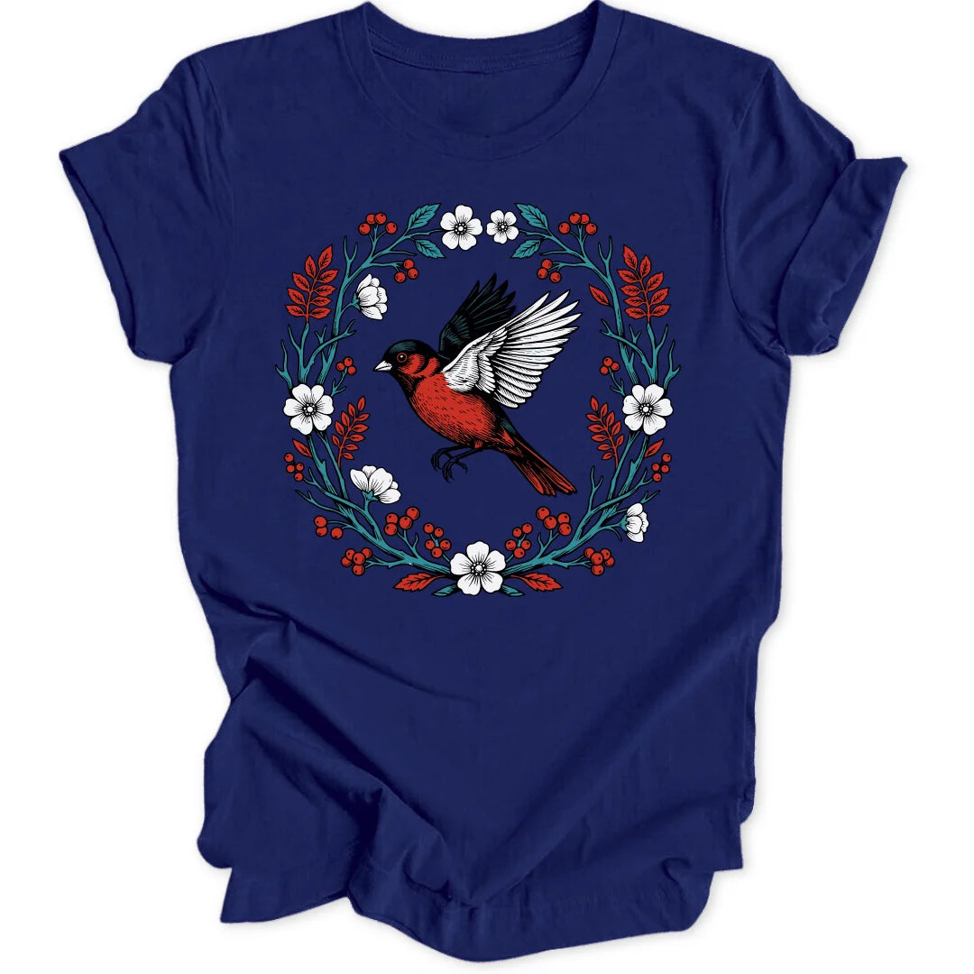 Floral Red Bird - Navy